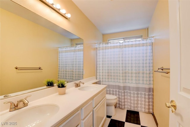 4835 Willow Glen Dr, Las Vegas, NV 89147 - full bathroom with toilet, double vanity, and a shower with shower curtain