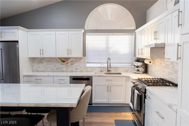 2549 Sundew Ave, Henderson, NV 89052 - kitchen with stainless steel appliances, lofted ceiling, white cabinets, a sink, and backsplash