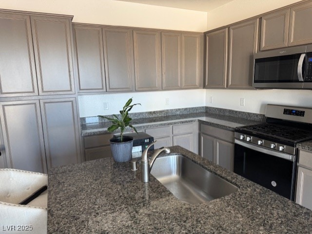 411 Hellebores Ave, North Las Vegas, NV 89084 - kitchen featuring stainless steel appliances, a sink, and dark stone counters
