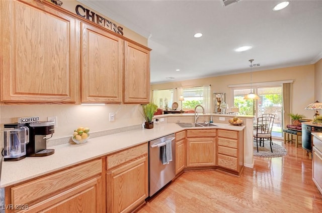 2545 Nashira St, Henderson, NV 89044 - kitchen with stainless steel dishwasher, a sink, light brown cabinetry, a peninsula, and recessed lighting