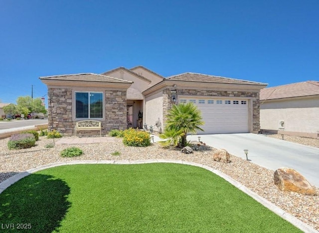 2545 Nashira St, Henderson, NV 89044 - single story home featuring stone siding, a garage, concrete driveway, and a front lawn