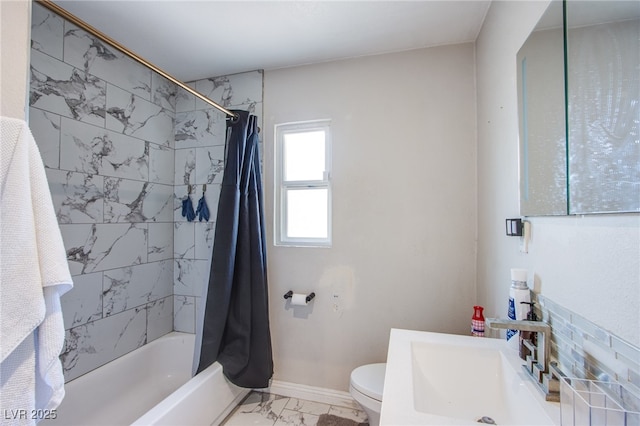 237 Cervantes St, Las Vegas, NV 89101 - full bath featuring marble look tile flooring, shower / tub combo, toilet, baseboards, and vanity