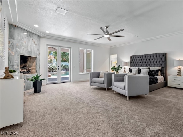 21 Sawgrass Ct, Las Vegas, NV 89113 - carpeted bedroom featuring access to outside, crown molding, a textured ceiling, a ceiling fan, and recessed lighting
