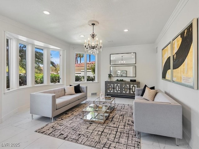 21 Sawgrass Ct, Las Vegas, NV 89113 - living area featuring a chandelier, baseboards, ornamental molding, recessed lighting, and marble finish flooring