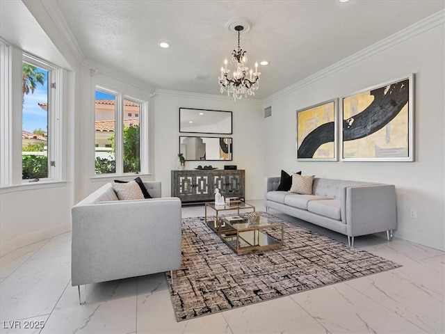 21 Sawgrass Ct, Las Vegas, NV 89113 - living room featuring marble look tiles, crown molding, a chandelier, recessed lighting, and baseboards