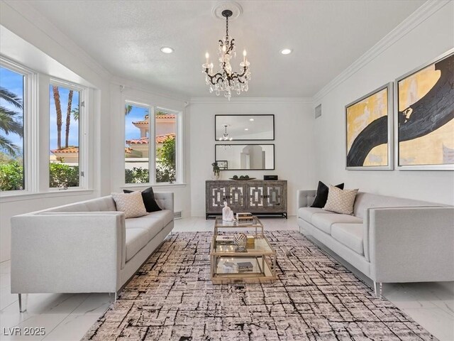 21 Sawgrass Ct, Las Vegas, NV 89113 - living area featuring marble look tile flooring, crown molding, a chandelier, recessed lighting, and healthy amount of natural light
