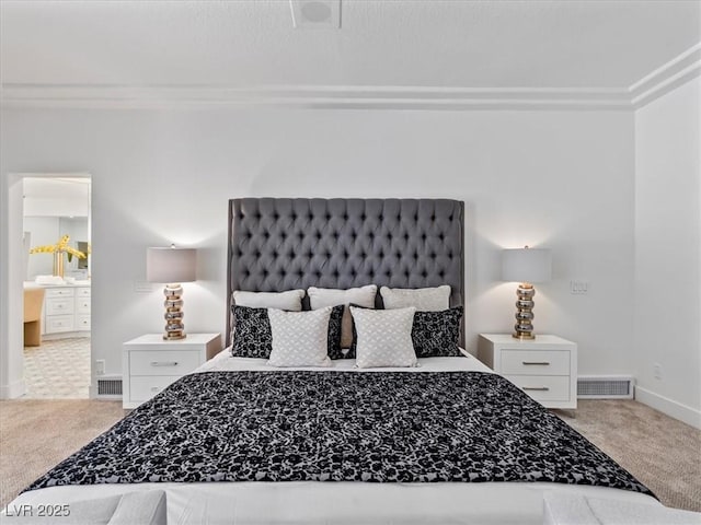 21 Sawgrass Ct, Las Vegas, NV 89113 - bedroom with carpet, ornamental molding, baseboards, and connected bathroom