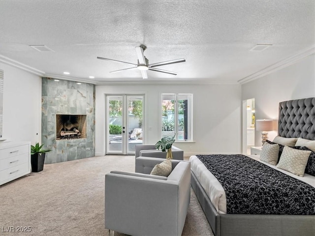 21 Sawgrass Ct, Las Vegas, NV 89113 - bedroom with crown molding, access to exterior, carpet flooring, a textured ceiling, and ceiling fan