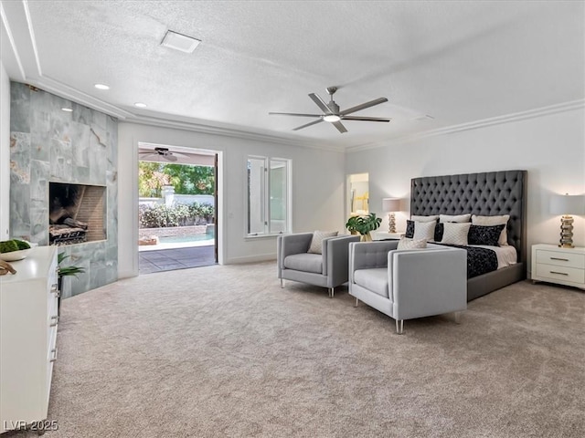 21 Sawgrass Ct, Las Vegas, NV 89113 - carpeted bedroom featuring access to exterior, a textured ceiling, crown molding, and a ceiling fan