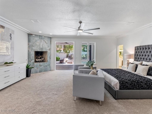 21 Sawgrass Ct, Las Vegas, NV 89113 - bedroom featuring carpet flooring, ornamental molding, a textured ceiling, access to exterior, and a premium fireplace