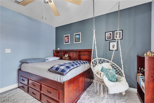 9585 Teton Diablo Ave, Las Vegas, NV 89117 - bedroom featuring baseboards, light colored carpet, and ceiling fan