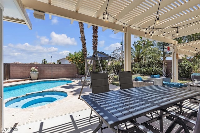 9585 Teton Diablo Ave, Las Vegas, NV 89117 - fenced backyard featuring a pergola, a patio area, outdoor dining area, and a pool with connected hot tub