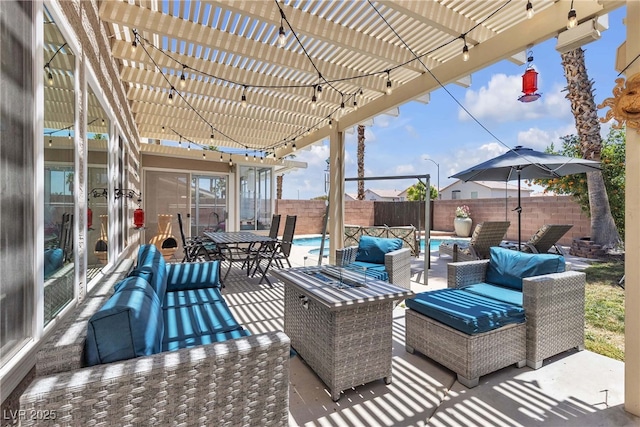 9585 Teton Diablo Ave, Las Vegas, NV 89117 - fenced backyard with a pergola, an outdoor living space, outdoor dining space, and a patio area