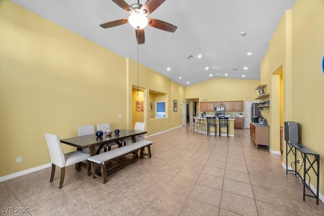 4308 Brazil Palm Ct, North Las Vegas, NV 89032 - dining space featuring a ceiling fan, high vaulted ceiling, light tile patterned floors, baseboards, and recessed lighting