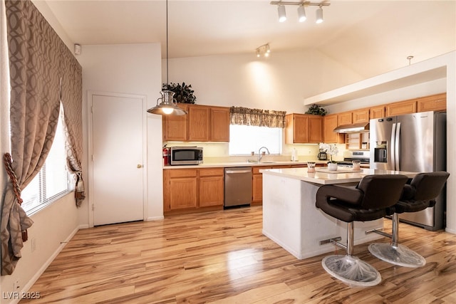 945 Stetson Dr, Henderson, NV 89002 - kitchen with appliances with stainless steel finishes, high vaulted ceiling, light countertops, under cabinet range hood, and a sink
