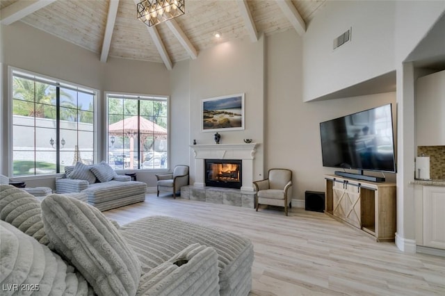 2101 Diamond Bar Dr, Las Vegas, NV 89117 - living room with wood ceiling with exposed beams, plenty of natural light, light wood-type flooring, a glass covered fireplace, and high vaulted ceiling