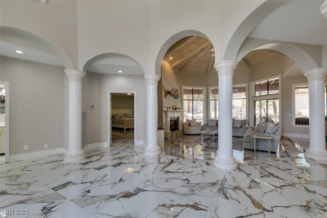 2101 Diamond Bar Dr, Las Vegas, NV 89117 - foyer with high vaulted ceiling, marble tiled flooring, recessed lighting, and beamed ceiling