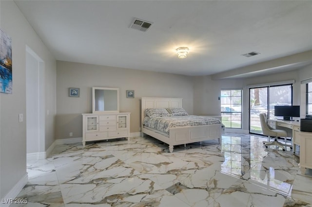 2101 Diamond Bar Dr, Las Vegas, NV 89117 - bedroom featuring baseboards, access to outside, light marble finish flooring, and a desk
