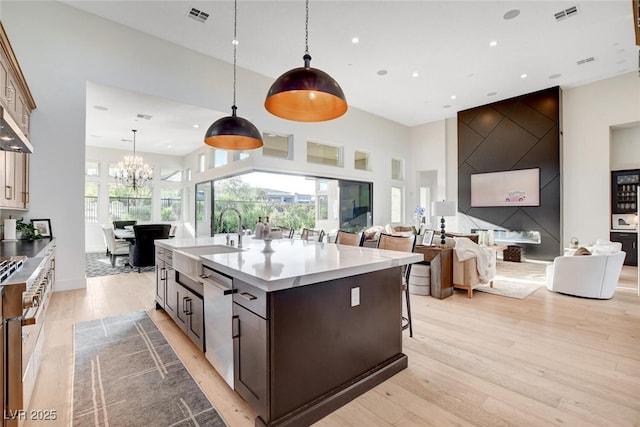 5155 Rock Daisy Dr, Las Vegas, NV 89135 - kitchen featuring a sink, light wood-style flooring, appliances with stainless steel finishes, a center island with sink, and dark brown cabinetry