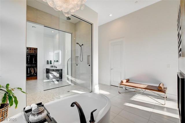 5155 Rock Daisy Dr, Las Vegas, NV 89135 - full bathroom featuring walk in shower, a bath, a chandelier, tile patterned floors, and recessed lighting