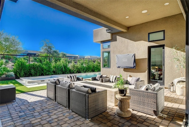5155 Rock Daisy Dr, Las Vegas, NV 89135 - view of patio / terrace featuring outdoor lounge area and an in-ground hot tub