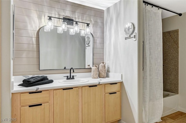 8000 Badura Ave Unit 1007, Las Vegas, NV 89113 - full bathroom with vanity, shower / bath combination with curtain, and wood finished floors