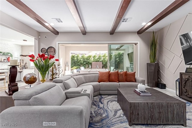 3929 Reyes Ave, Las Vegas, NV 89141 - living area featuring beam ceiling, wood finished floors, and recessed lighting