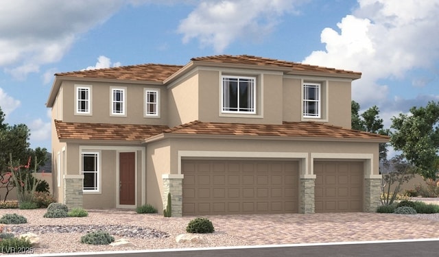 9900 Blazek Bluff Ave, Las Vegas, NV 89178 - view of front of property featuring an attached garage, driveway, stone siding, and stucco siding