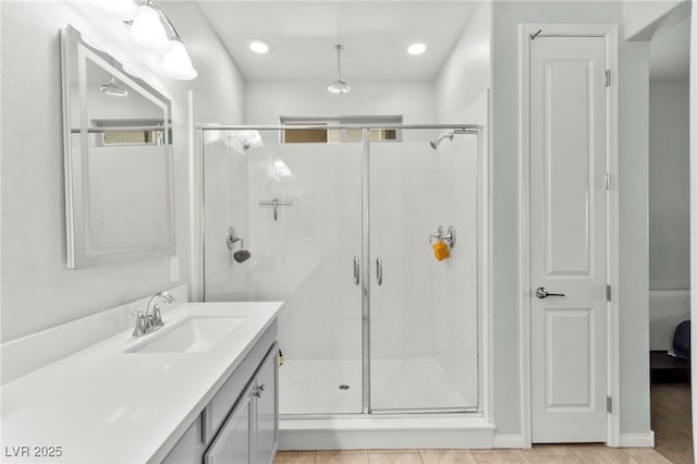 424 Vigo Port St, Las Vegas, NV 89138 - full bath with vanity, a shower stall, tile patterned flooring, and recessed lighting