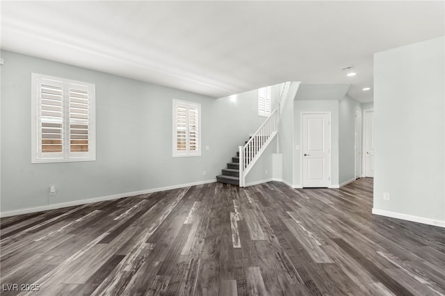 424 Vigo Port St, Las Vegas, NV 89138 - unfurnished living room featuring stairway, baseboards, dark wood-type flooring, and recessed lighting