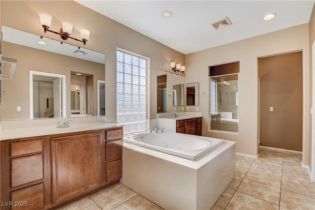 5949 Casa Coronado Ave, Las Vegas, NV 89131 - full bath with a stall shower, a tub with jets, vanity, tile patterned flooring, and recessed lighting