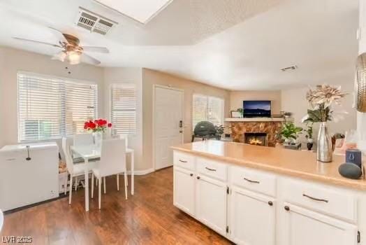 904 Boulder Springs Dr Unit 102, Las Vegas, NV 89128 - kitchen featuring healthy amount of natural light, ceiling fan, white cabinets, and light countertops
