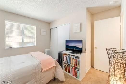 904 Boulder Springs Dr Unit 102, Las Vegas, NV 89128 - bedroom with carpet, radiator, a textured ceiling, and a closet