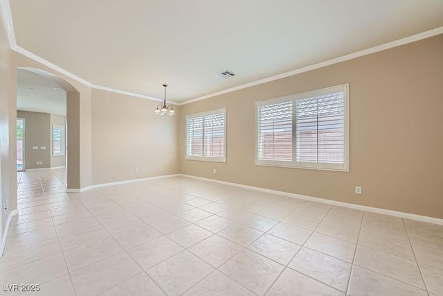 2668 Ivoryhill St, Las Vegas, NV 89135 - empty room featuring ornamental molding, light tile patterned flooring, arched walkways, a chandelier, and baseboards
