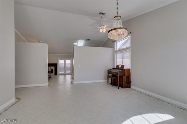 259 Baring Cross St, Henderson, NV 89074 - dining space featuring a ceiling fan, baseboards, high vaulted ceiling, crown molding, and french doors