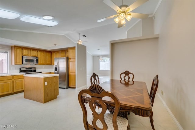 259 Baring Cross St, Henderson, NV 89074 - dining room with lofted ceiling, a ceiling fan, and baseboards