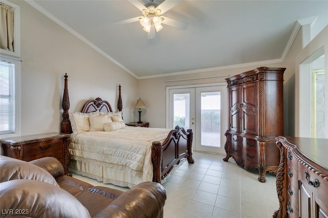 259 Baring Cross St, Henderson, NV 89074 - bedroom with access to exterior, french doors, lofted ceiling, light tile patterned flooring, and ornamental molding