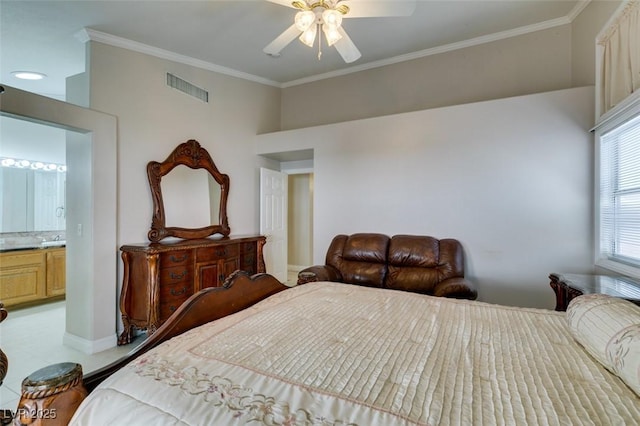 259 Baring Cross St, Henderson, NV 89074 - tiled bedroom with ornamental molding, connected bathroom, and a ceiling fan