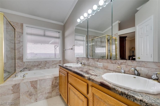 259 Baring Cross St, Henderson, NV 89074 - bathroom with a shower stall, a bath, double vanity, crown molding, and tile patterned flooring