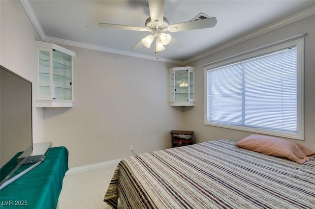 259 Baring Cross St, Henderson, NV 89074 - bedroom featuring baseboards, tile patterned flooring, ceiling fan, and crown molding