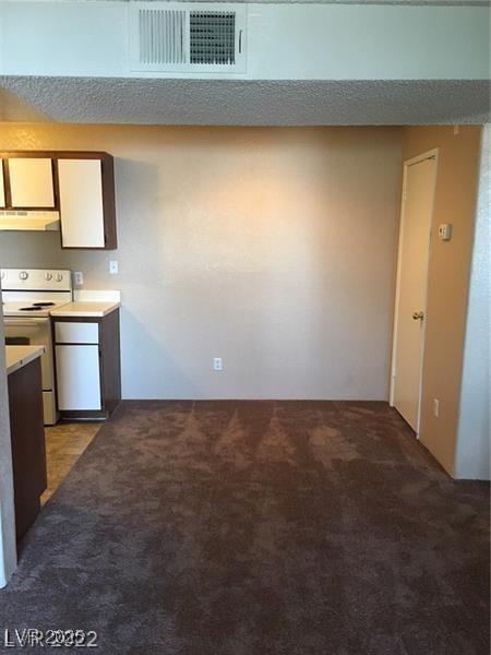 5220 Mission Carmel Ln Unit 207, Las Vegas, NV 89107 - kitchen featuring under cabinet range hood, white electric range oven, and light colored carpet