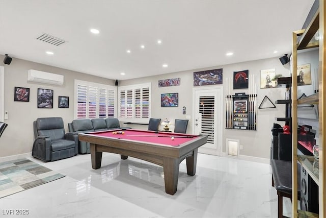 1763 Crystal Stream Ave, Henderson, NV 89012 - recreation room featuring a wall unit AC, light marble finish flooring, recessed lighting, pool table, and baseboards