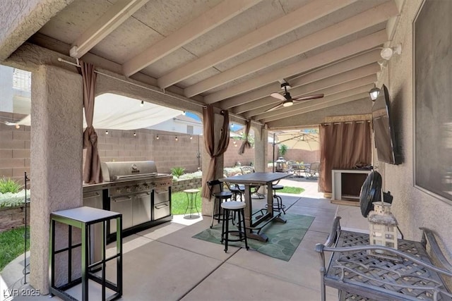 1763 Crystal Stream Ave, Henderson, NV 89012 - fenced backyard featuring a patio, outdoor dining area, a ceiling fan, and area for grilling