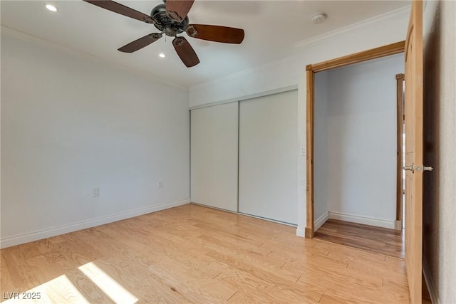 7950 Red Barn Dr, Las Vegas, NV 89123 - unfurnished bedroom featuring crown molding, light wood-type flooring, recessed lighting, a closet, and a ceiling fan