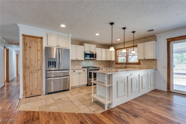 7950 Red Barn Dr, Las Vegas, NV 89123 - kitchen featuring stainless steel appliances, ornamental molding, light countertops, open shelves, and backsplash