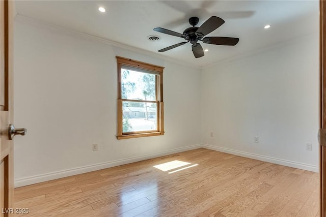 7950 Red Barn Dr, Las Vegas, NV 89123 - spare room featuring crown molding, light wood finished floors, ceiling fan, baseboards, and recessed lighting