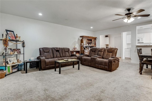 7950 Red Barn Dr, Las Vegas, NV 89123 - living area featuring light colored carpet, a ceiling fan, and recessed lighting