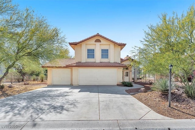 5216 Desert Star Dr, Las Vegas, NV 89130 - mediterranean / spanish house with stucco siding, a tiled roof, concrete driveway, and an attached garage