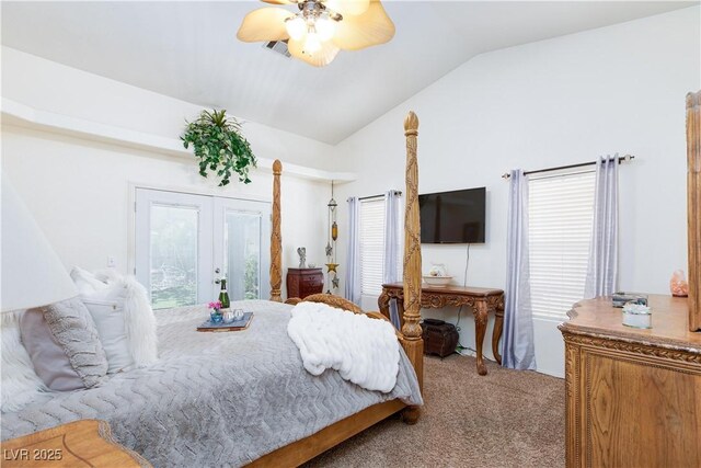 905 White Thunder St, Henderson, NV 89002 - bedroom with french doors, lofted ceiling, carpet, access to exterior, and a ceiling fan