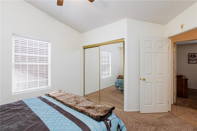 905 White Thunder St, Henderson, NV 89002 - bedroom with carpet, a closet, lofted ceiling, and ceiling fan